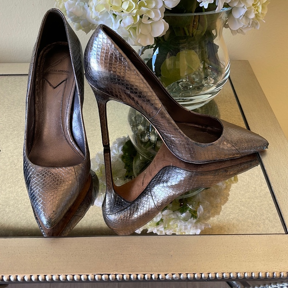 Brian Atwood Gunmetal Python Embossed Leather Poi… - image 1